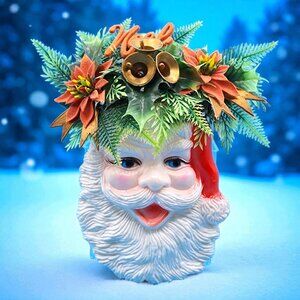 Vintage 1970s Santa Claus Wall Decor Bells & Flocked Poinsettias Noel Hong Kong